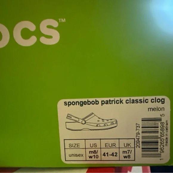 SpongeBob Patrick classic croc, Men’s crocs size 8 women’s 10, brand new - Picture 5 of 5